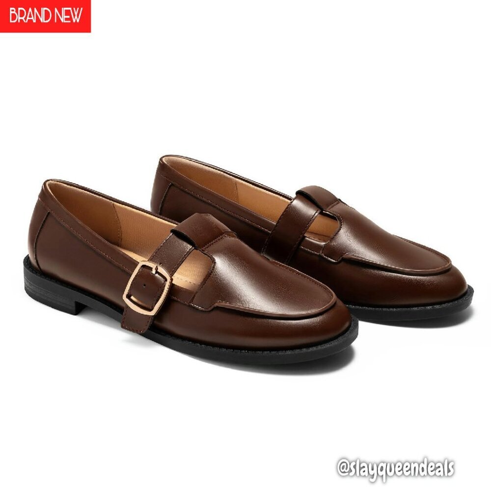 Women's T-Strap Loafers Slip-On Flats Work Business Dress Shoes